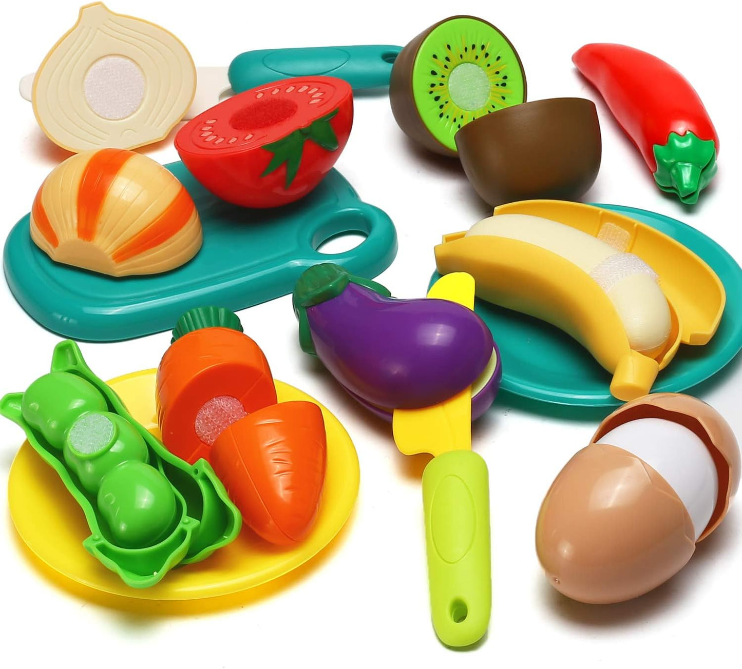 25 PCS Cutting Play Food Toy for Kids Fruit & Vegetables Accessories with Shopping Storage Basket, Plastic Mini Dishes and Knife, Educational Toy for Toddler Children Birthday Gift