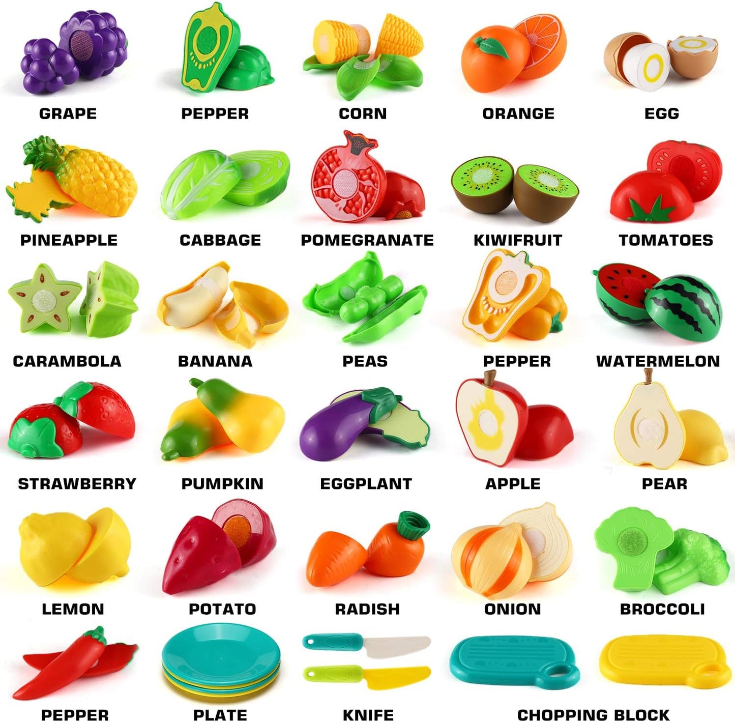 25 PCS Cutting Play Food Toy for Kids Fruit & Vegetables Accessories with Shopping Storage Basket, Plastic Mini Dishes and Knife, Educational Toy for Toddler Children Birthday Gift