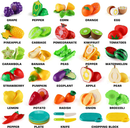 25 PCS Cutting Play Food Toy for Kids Fruit & Vegetables Accessories with Shopping Storage Basket, Plastic Mini Dishes and Knife, Educational Toy for Toddler Children Birthday Gift